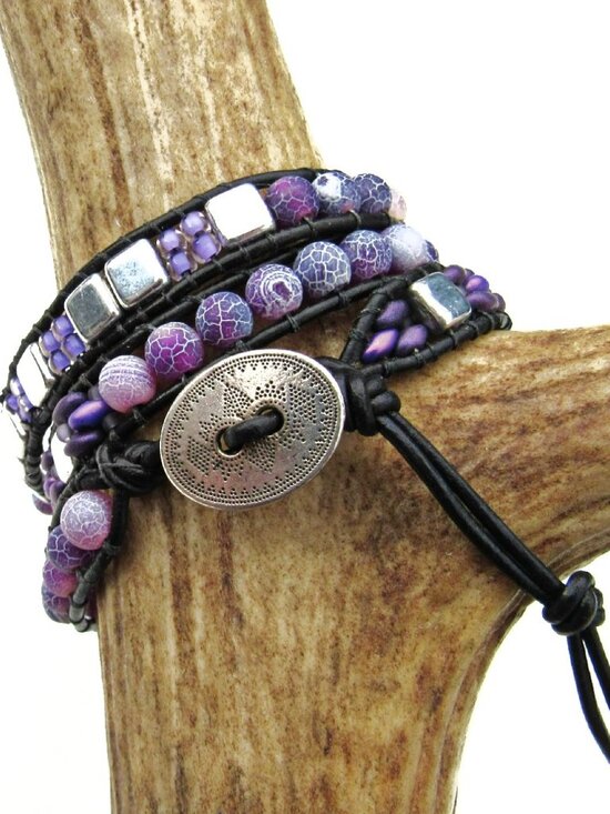 Handmade Jewelry - Purple Agate Triple Wrap Stone Bracelet, Leather Glass, Handmade Beaded, Western
